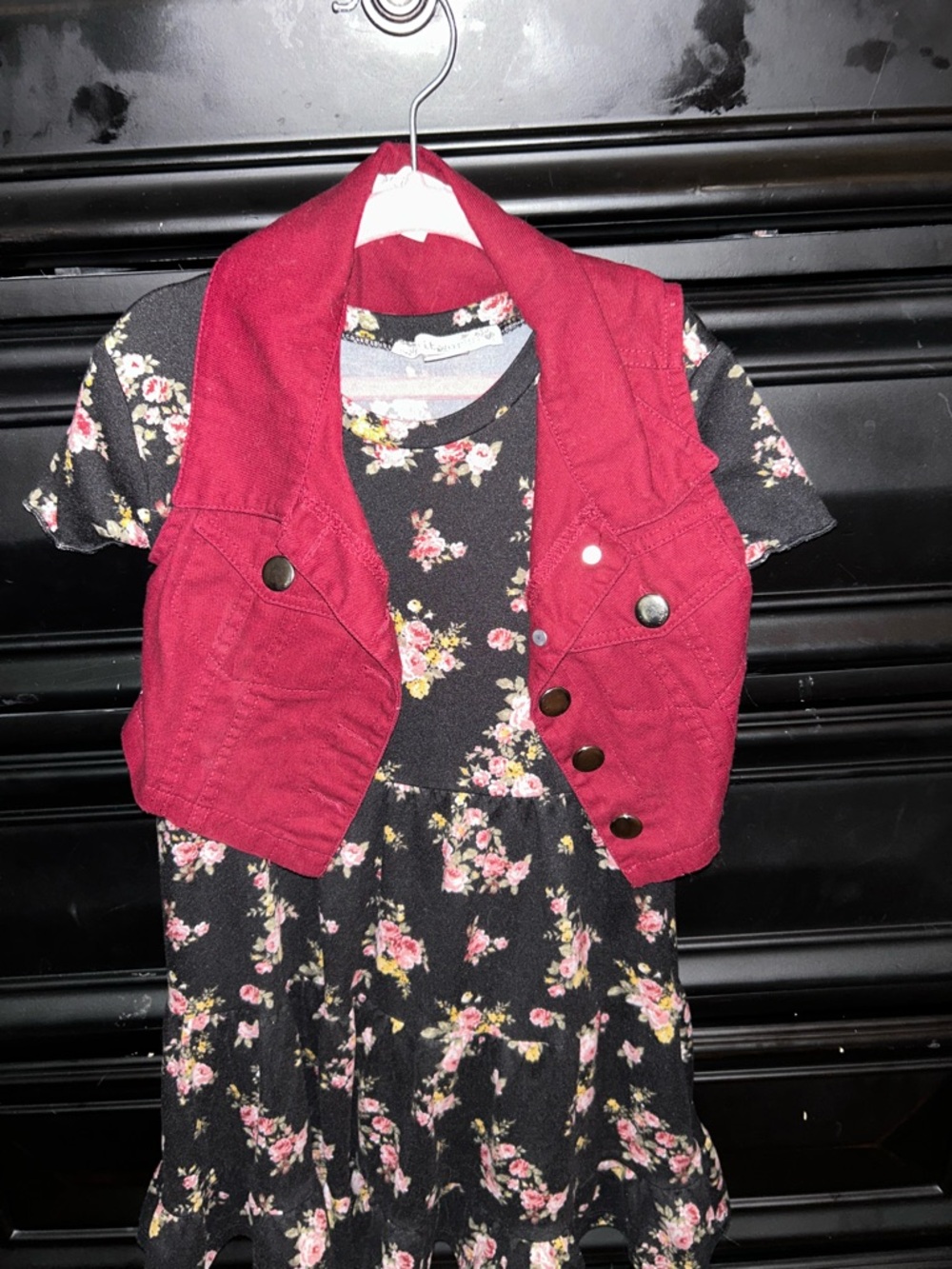 Knitworks Black Floral Dress with Burgundy Vest